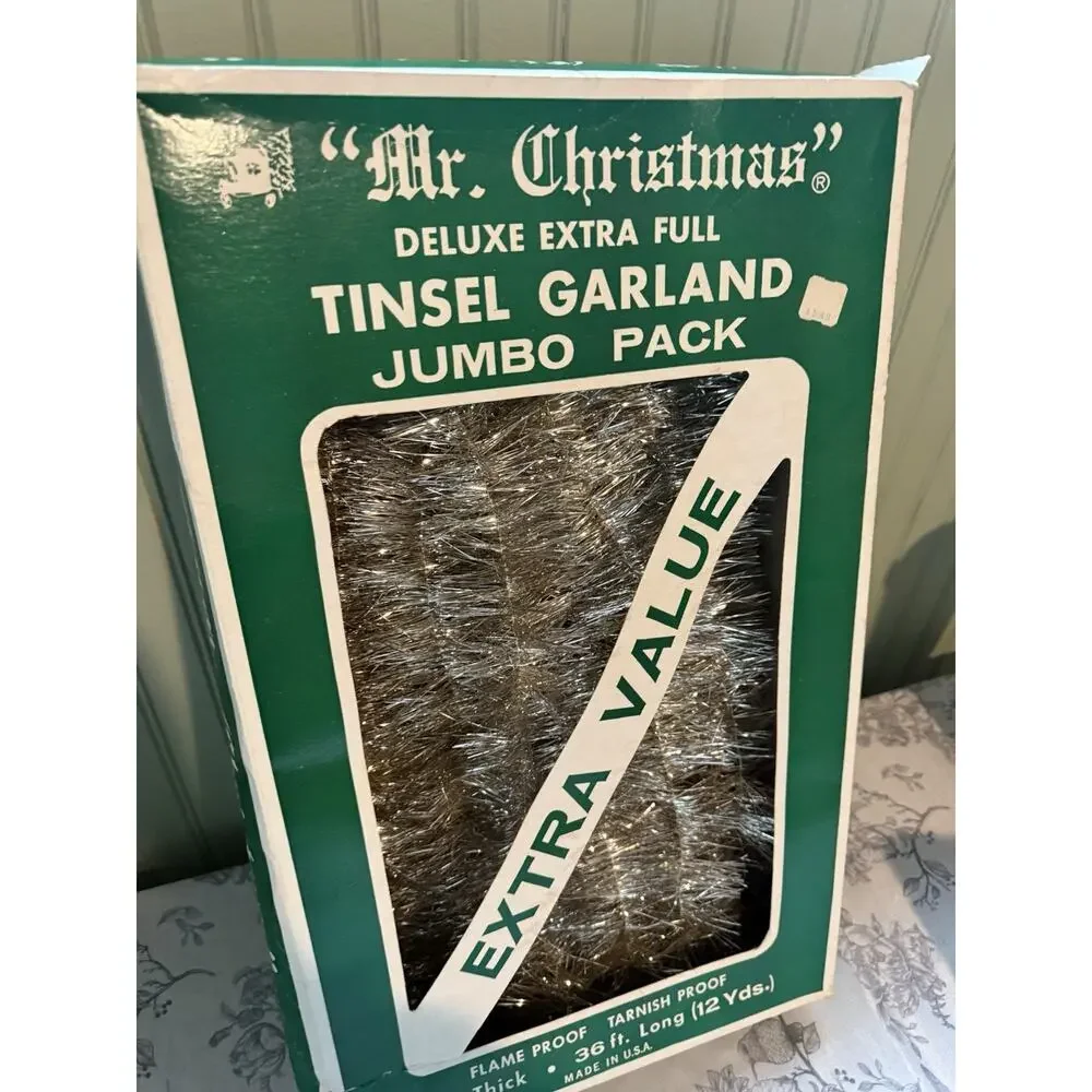 VINTAGE 36 Foot LONG TINSEL GARLAND MR. CHRISTMAS Silver MCM 70s USA Retro Box